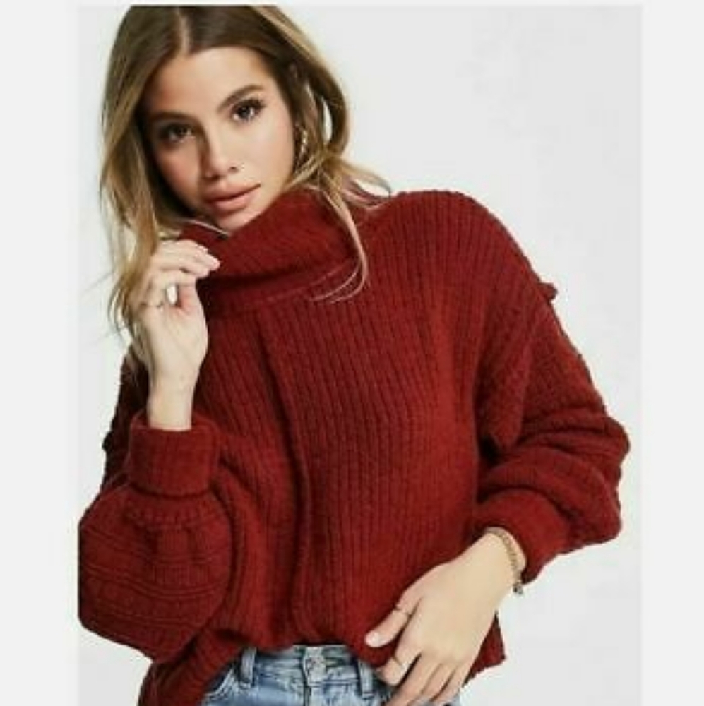 Free People Chunky Turtleneck Sweater in Rust Red